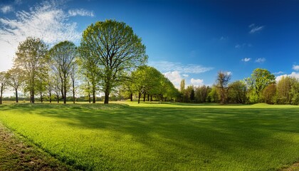 Obraz premium Nature Springtime View With Trimmed Grassy Area And Full Grown Trees Under Textured Blue Sky