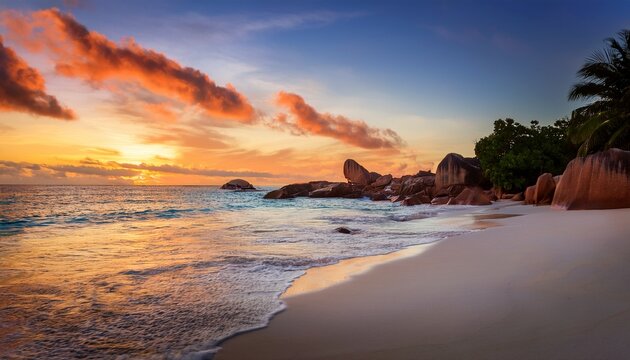 Anse Lazio Beach View Calm Ocean Water With Soft Waves Is Under Red Sunset Sky Coastal Landscape With Silhouettes Of Rocks Praslin Island Seychelles