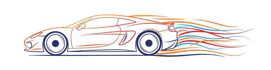 Obraz premium Dynamic sports car outline with colorful motion lines representing speed power and automotive performance in minimalist vector sketch style for modern design.