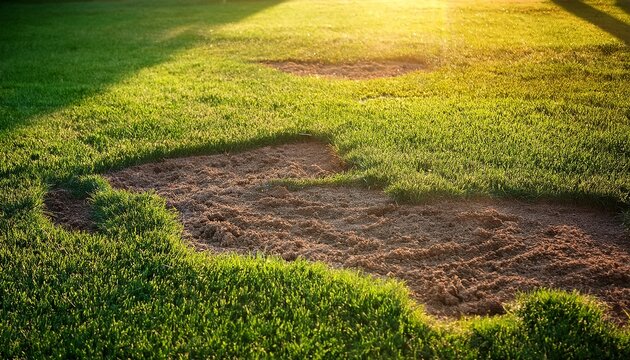 Patchy Green Grass Lawn With Bare Soil Spots In Backyard Sunlight Natural Texture Background