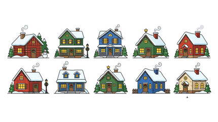 Fototapeta premium Cozy Winter Village Houses with Snow and Lights