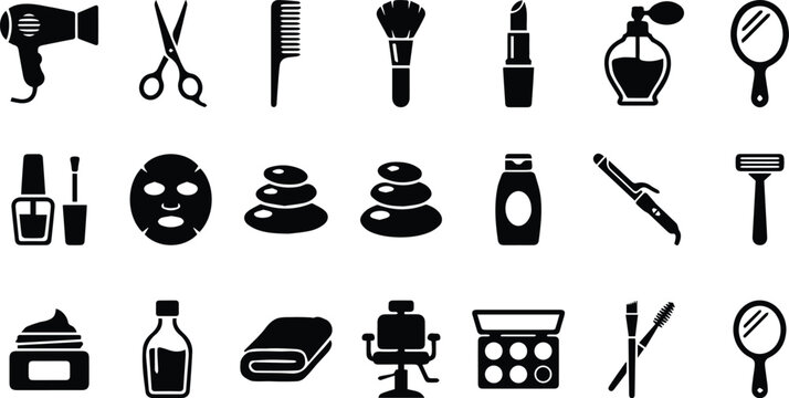 Beauty salon and spa treatment icons, a comprehensive vector set for cosmetics and personal care, essential grooming tools and wellness symbols isolated on White Background