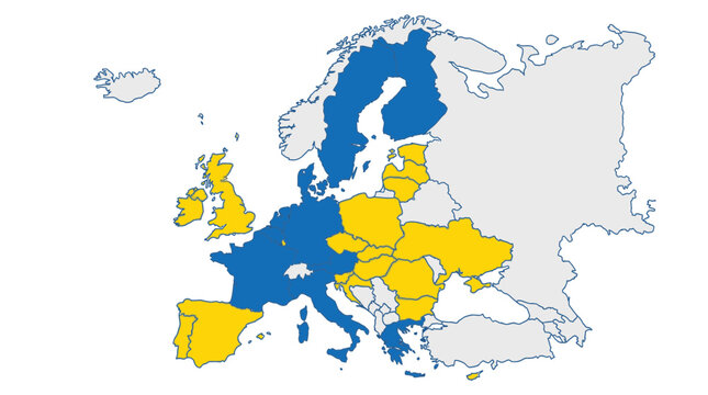 Map of Europe with EU member states highlighted in blue and yellow