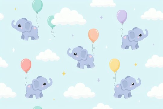 Seamless pattern featuring cute cartoon baby elephants in blue, holding colorful balloons, floating among white clouds and small stars in sky