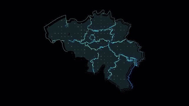 Digital Neon Glowing Map of Belgium with Regional Borders.