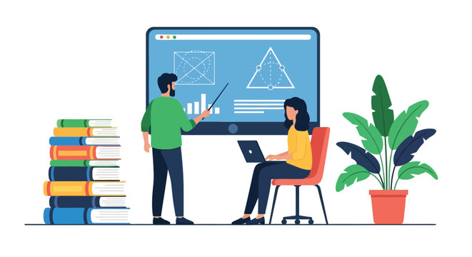Educational presentation scene with male teacher pointing at large screen with geometric diagrams while female student takes notes on laptop near books.