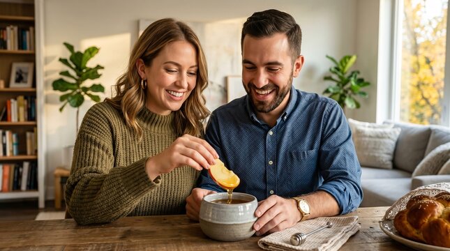 Happy couple dipping apple in honey celebrating Rosh Hashanah holiday at home with traditional challah bread