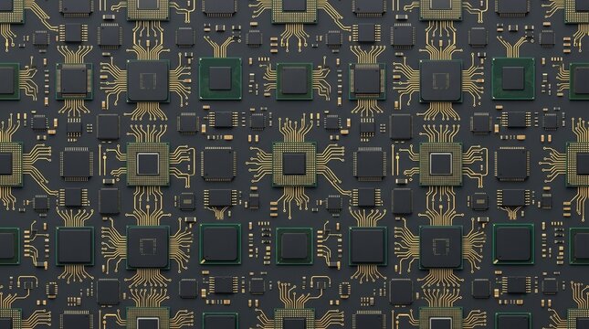 Computer processor chips arranged in a seamless circuit board pattern top view