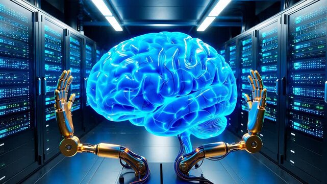 AI brain in server room with robotic hands