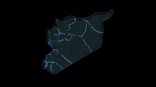 Digital Neon Glowing Map of Syria with Province Borders.
