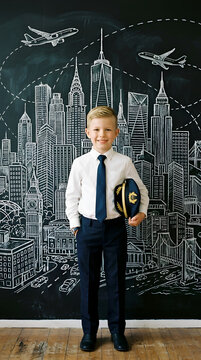 Charming young boy, aspiring aviator, confidently holds his pilot's cap in front of a chalk-drawn cityscape with airplanes, symbolizing his childhood dreams and bright future aspirations