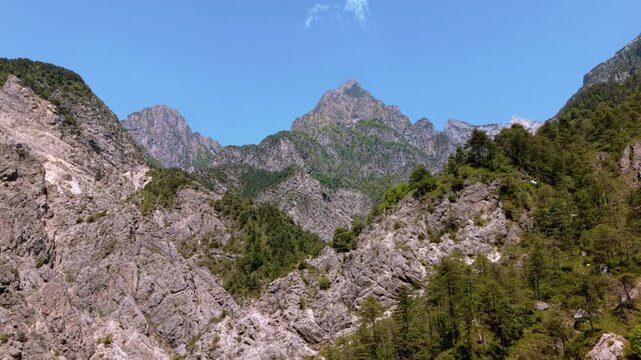 Parco Naturale Dolomiti Friulane peaks on a clear day. Rugged terrain and steep mountain ridge, Italy