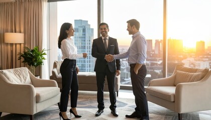 Fototapeta premium Business professionals shaking hands in agreement during a partnership meeting with city view