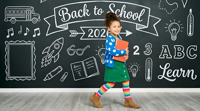 Happy child, with books, ready for school, walks past a decorative 'Back to School' chalkboard. Her vibrant outfit matches the fun educational theme
