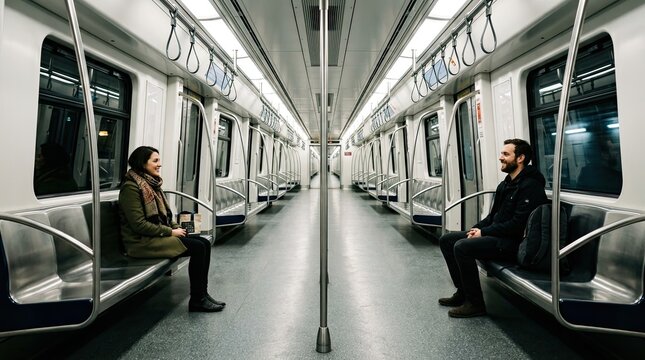 Two strangers sitting at opposite ends of a sterile empty subway car sharing a genuine smile, urban connection with center copy space