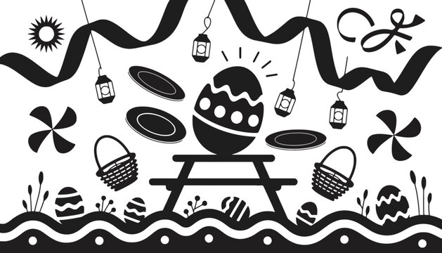 Easter celebration decoration with eggs and baskets outline