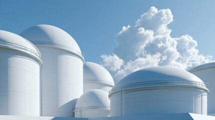 Fototapeta premium Clean Industrial Storage Tanks Under Blue Sky with Clouds in Modern Energy Facility