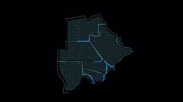 Digital Technology Abstract Map of Botswana with Glowing Data Network Lines.