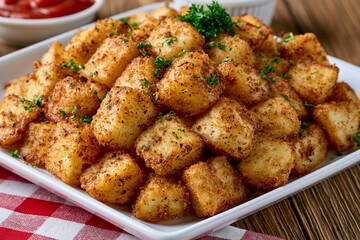 Fototapeta premium Crispy potato cubes served on a white plate