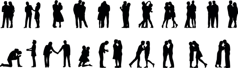 Obraz premium Collection of romantic couple silhouettes showing various poses hugging kissing and proposing isolated on white background