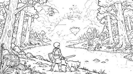 Obraz premium boy and dog in forest with castle