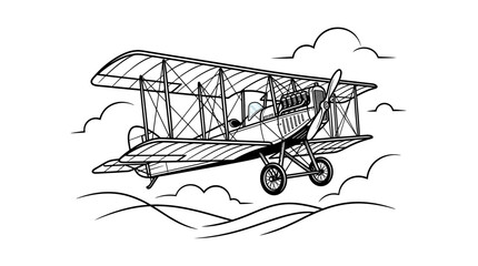 Vintage Biplane Flying Through Clouds, Retro Aviation Illustration © rahma