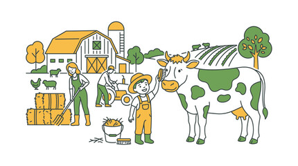 Naklejka premium Children farming, cow, barn, farm life, countryside, rural, agriculture, illustration