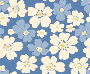 Fototapeta premium Artistic Modern Abstract Seamless Pattern with Dense Overlapping Pale Blue and Cream White Flower Blooms on a Blue Background