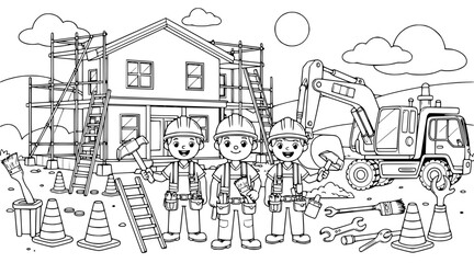 Obraz premium cartoon construction workers building house