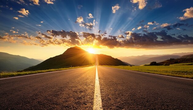 Road Leading Towards Radiant Sunrise Symbolizing Future Success And New Beginnings In With Beautiful Clouds And Mountains
