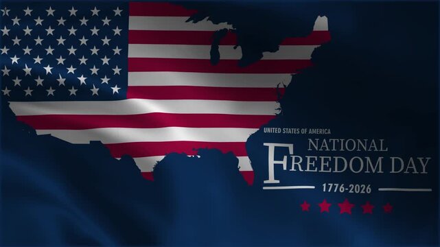 National Freedom Day United States of America 1776-2026 Celebration Motion Graphic with Waving US Flag Map Silhouette and Dark Blue Fabric Texture Background, Patriotic Holiday Loopable Video Asset