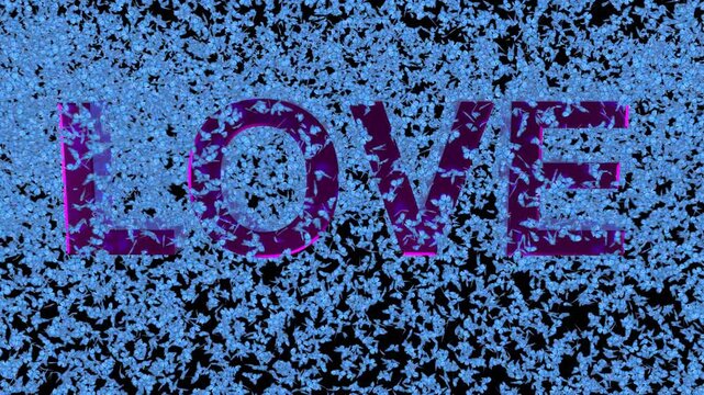 LOVE Text revealed by thousands of blue Butterflies. With Alpha channel
