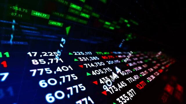 3D close up stock market ticker display with green and red numbers showing financial data, stock prices, and corporate trade exchange index animation.