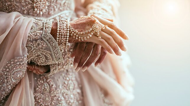 Bridal hands showcasing intricate henna patterns, elegant sparkling jewelry, and traditional embroidered wedding attire