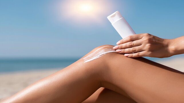 Woman's hand applying sunscreen lotion on her leg at a sunny beach. Protecting skin from ultraviolet rays during summer holiday