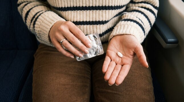Motion sickness pill in woman's hand on train, traveler taking medication for nausea, person holding white tablet and blister pack during commute