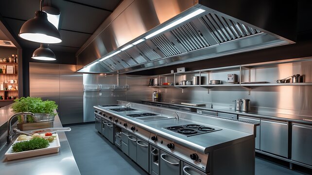 Modern commercial kitchen with stainless steel cooking equipment