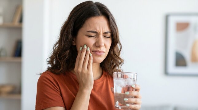 Toothache and sensitive teeth concept, young woman suffering from dental pain while drinking cold water, oral health problems and tooth decay