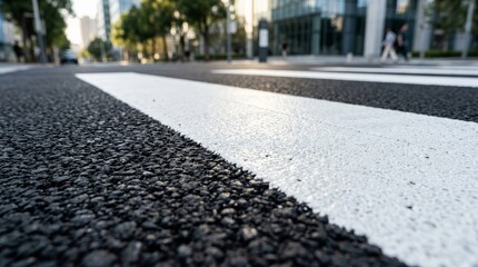 Fototapeta premium Close up view of fresh white paint on a pedestrian crossing along an urban asphalt road.