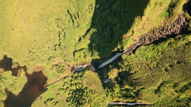 Aerial view of lush green landscape with multiple waterfalls and streams in sunlight