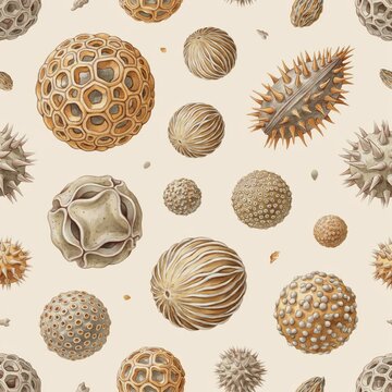 Seamless pattern featuring various spherical pollen grains, microscopic plant spores, and textured botanical seeds on a light beige background