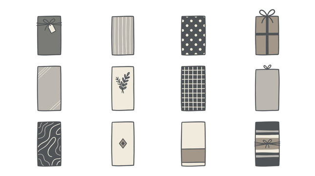 Collection of variously designed and patterned rectangular objects in a grid