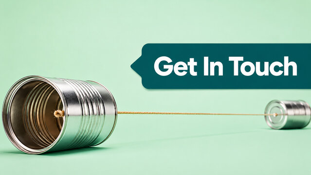Tin can telephone connected by string on green background with speech bubble containing "Get In Touch" text