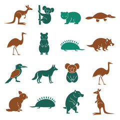 Obraz premium Australian animal silhouettes teal and brown on a white background