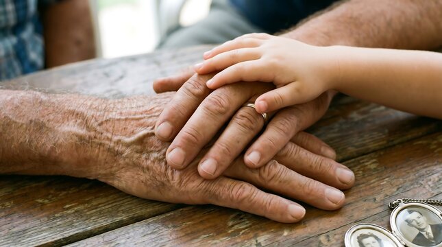 Child small hand resting on wrinkled elderly person hand on wooden table