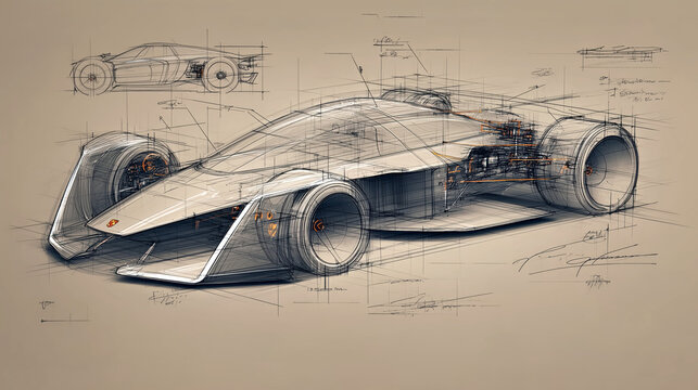 Futuristic race car concept sketch with sleek innovation for automotive design.
