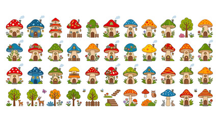 Fototapeta premium Whimsical Mushroom Houses Collection: Fairytale Village, Forest Dwellings, Cute Fantasy Homes
