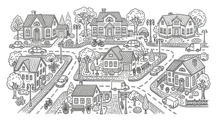 Charming Suburban Neighborhood Sketch: Houses, Cars, Streets, and Trees © wati