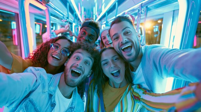 Young diverse friends posing for a selfie in a neon lit train, showing excitement and happiness