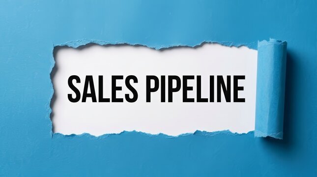 Sales pipeline text written on white paper beneath a torn blue background